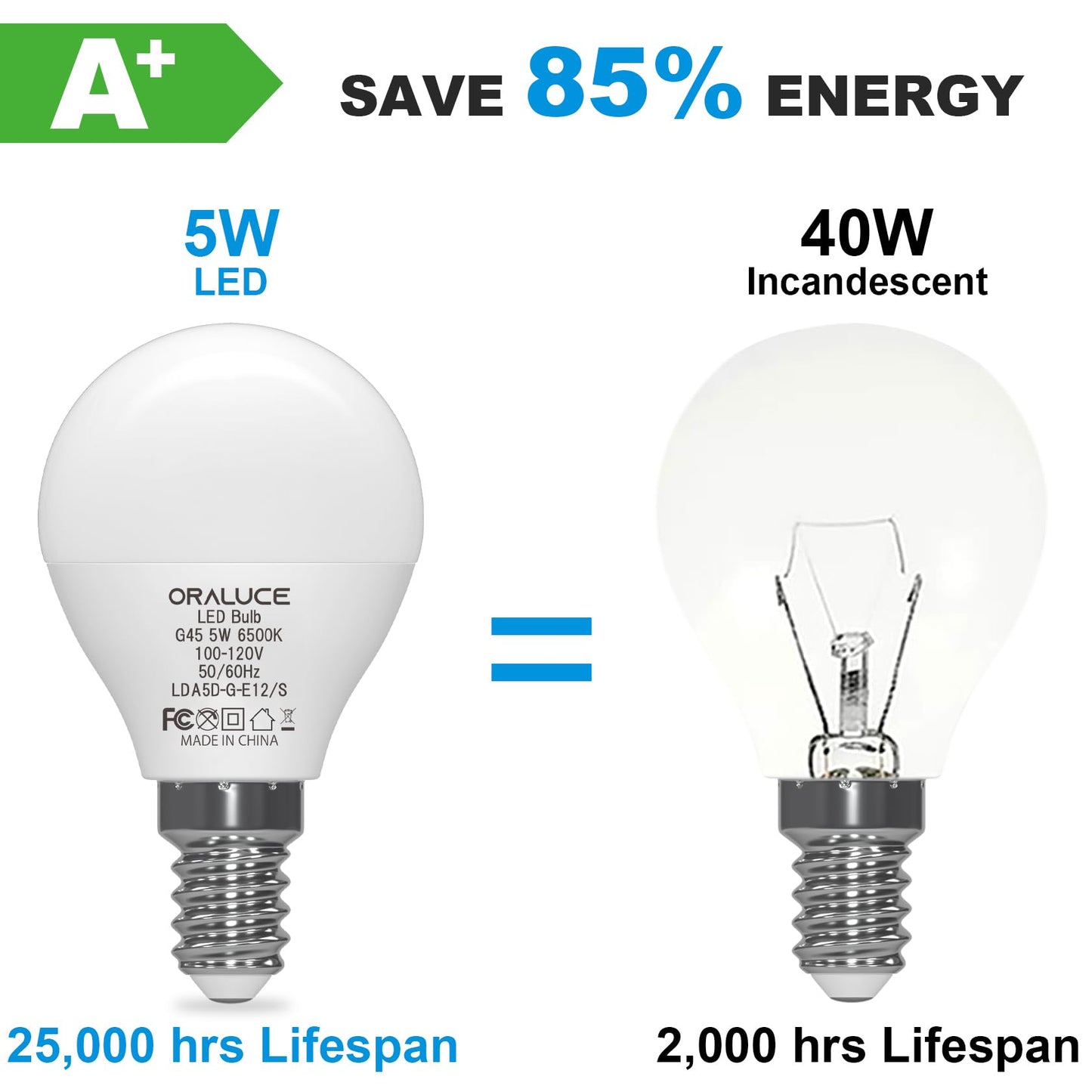 ORALUCE E12 Candelabra LED Bulb 40 Watt, 6500K Cool White A15, 6 Pack