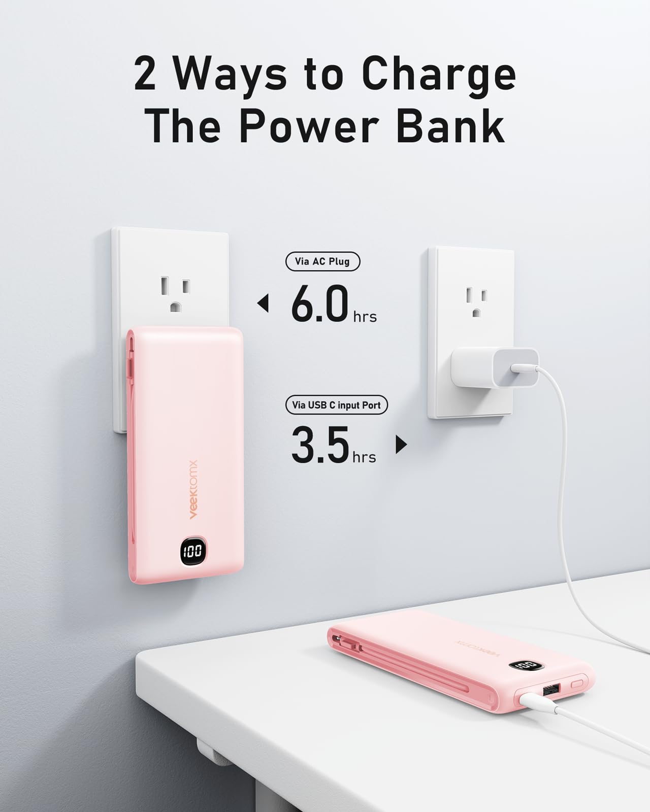 VEEKTOMX 10000mAh Portable Charger with Built-in Cables & Wall Plug
