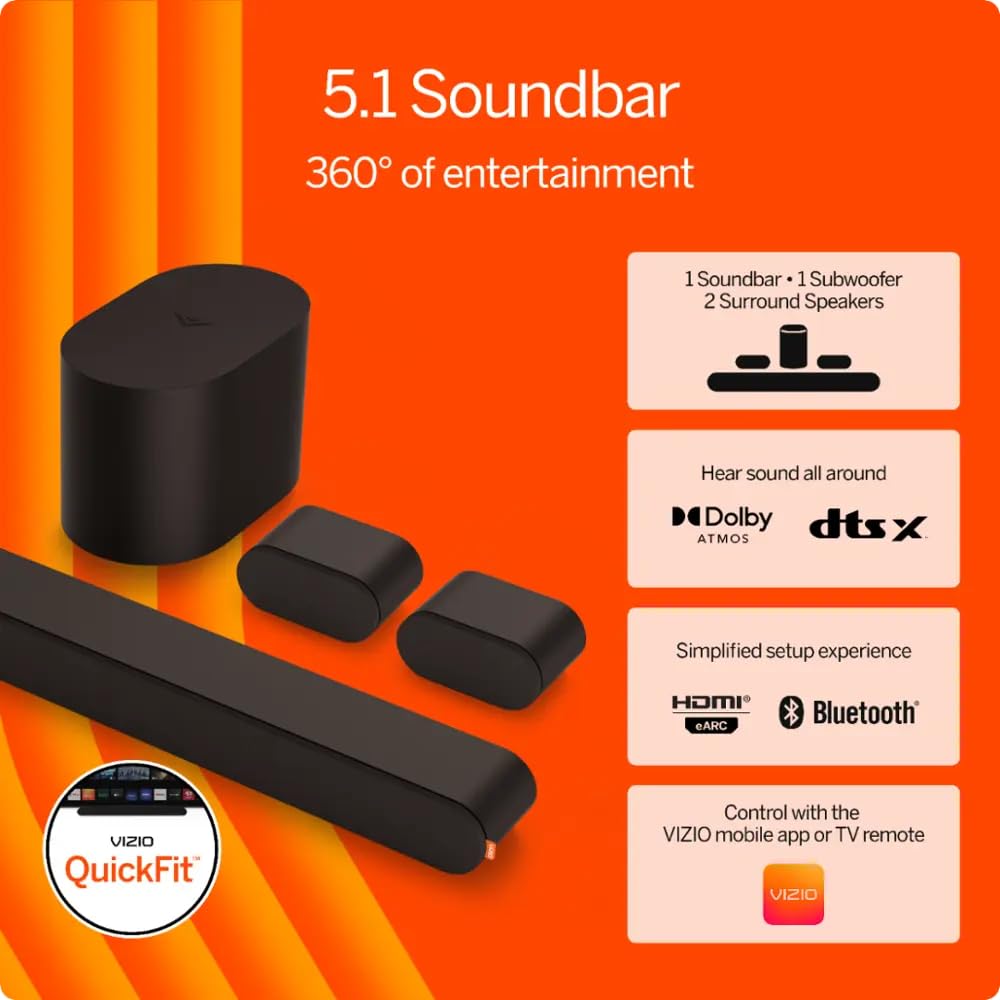 Vizio SV510M-0806B-RB 33" Dolby Atmos 5.1 Ch Soundbar System with Dolby Atmos and DTS:X, Black - Certified Refurbished