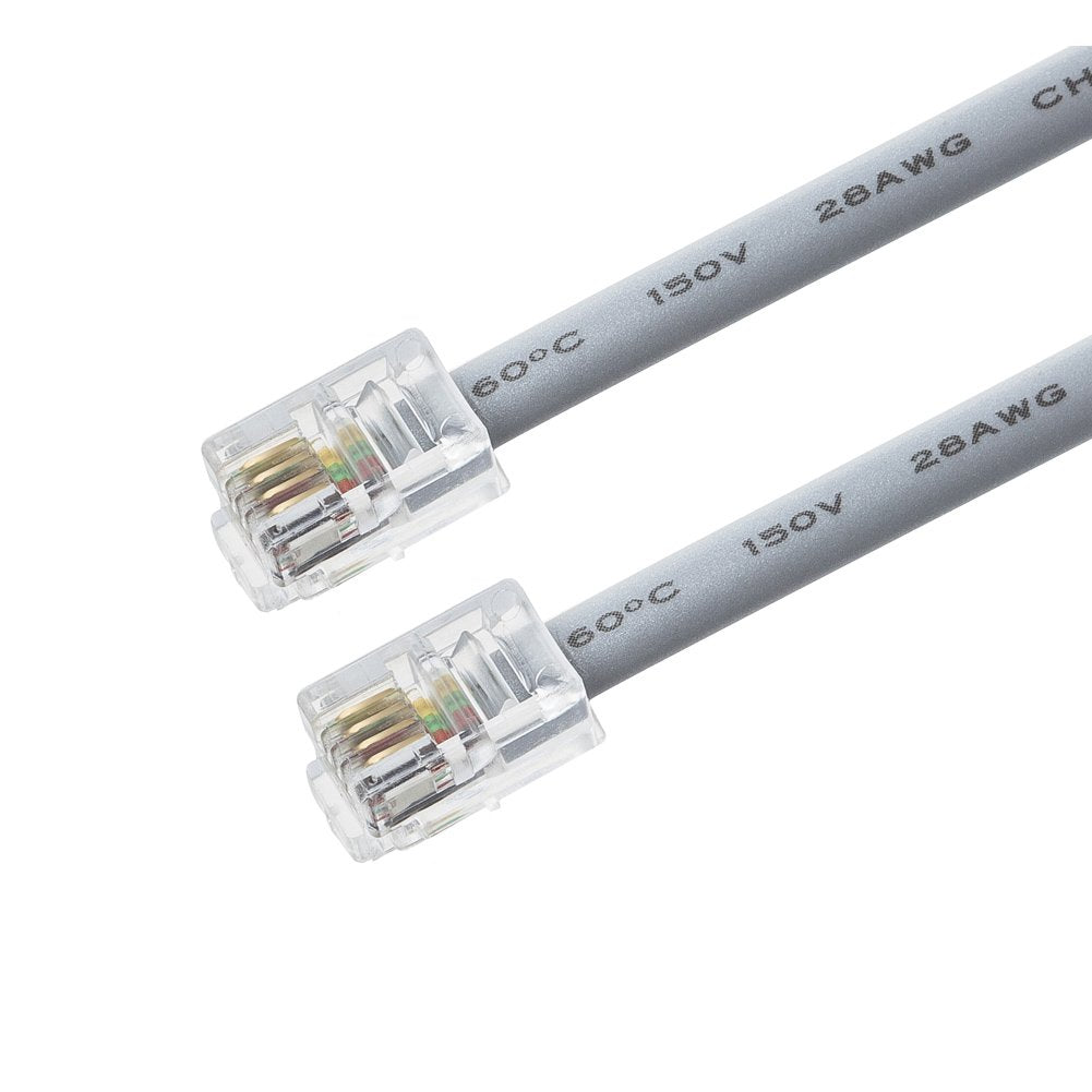 TENINYU RJ9 4P4C 4 Conductor Straight Modular Telephone Data Extension Flat Cord Cable Silver 7FT 2PACK