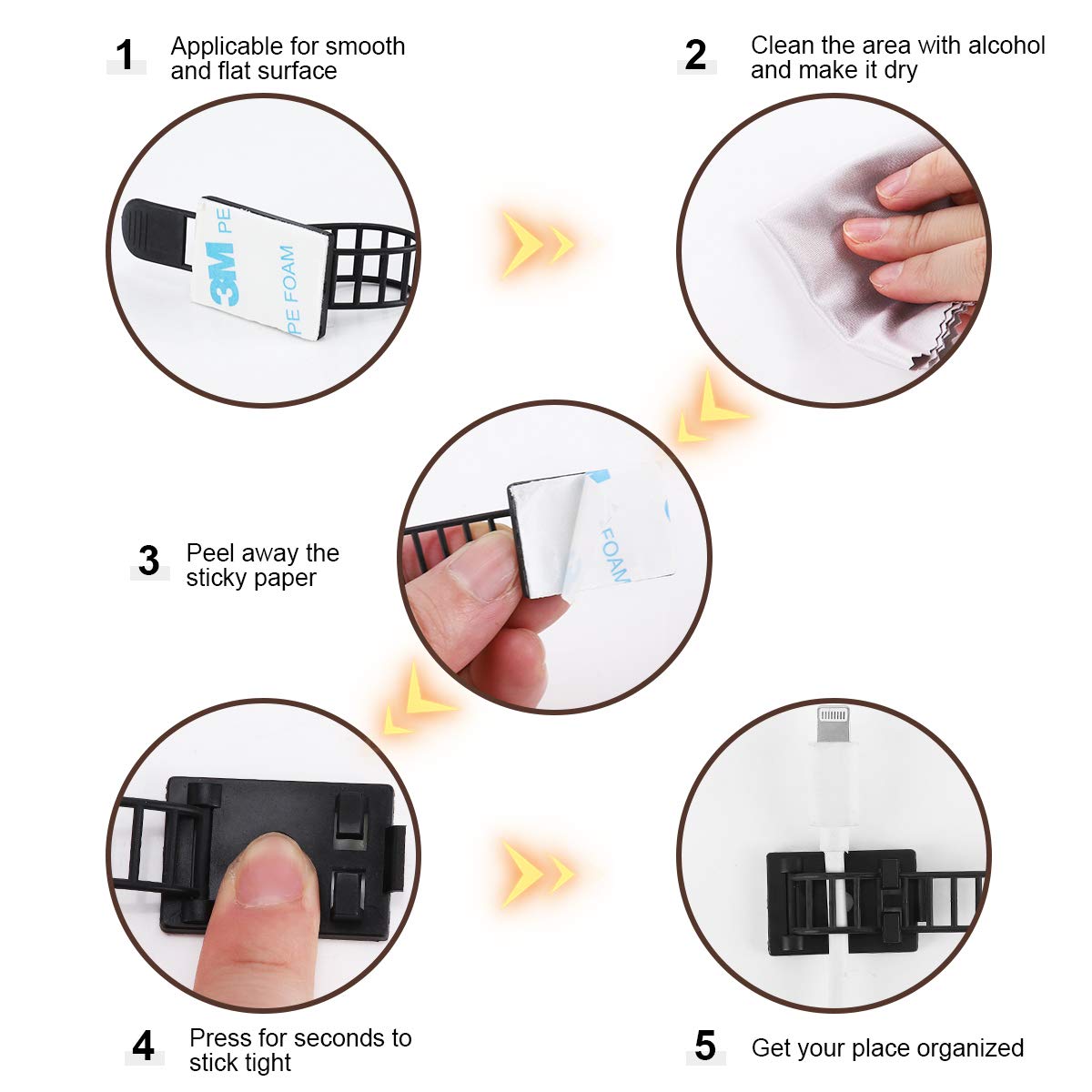 50Pcs Adhesive Cable Management Clips with 50Pcs Zip Ties, Adjustable Nylon Cable Strap Ties Wire Clips Clamps Organizer with Strong Adhesive Tape