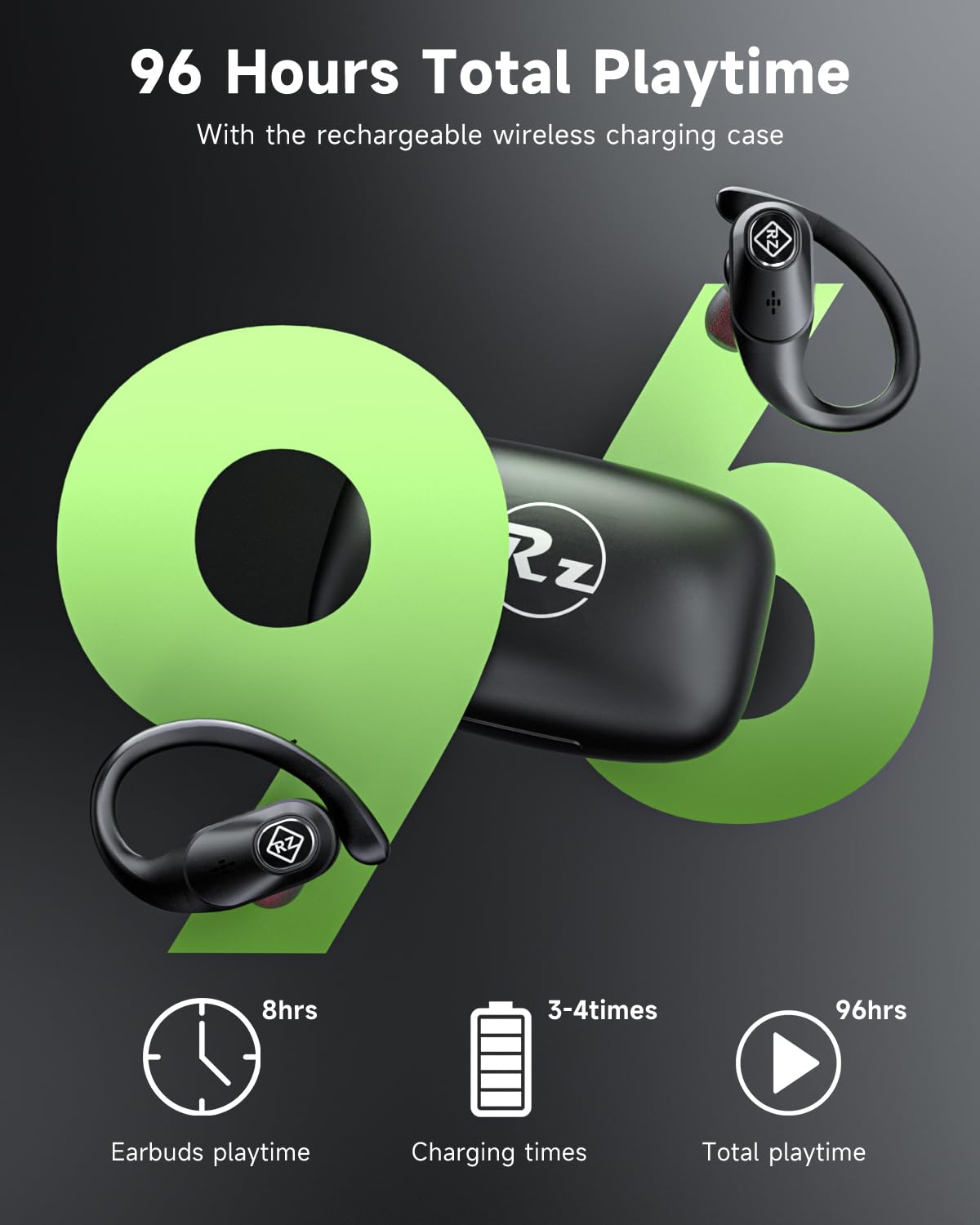 Wireless Earbuds Bluetooth Headphones 96H Playtime LED Display Waterproof Built in Mic Deep Bass Sound Secure Over Ear buds Earhooks for iPhone…