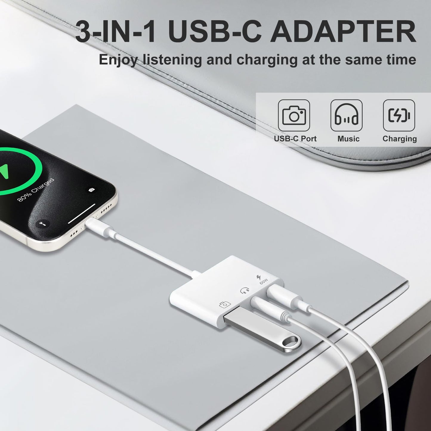 MTIQHS Aux to USB C to USB Adapter, 3-in-1 USB OTG Adapter with USB C to 3.5mm Audio Adapter and 60W PD Fast Charging Port, Compatible