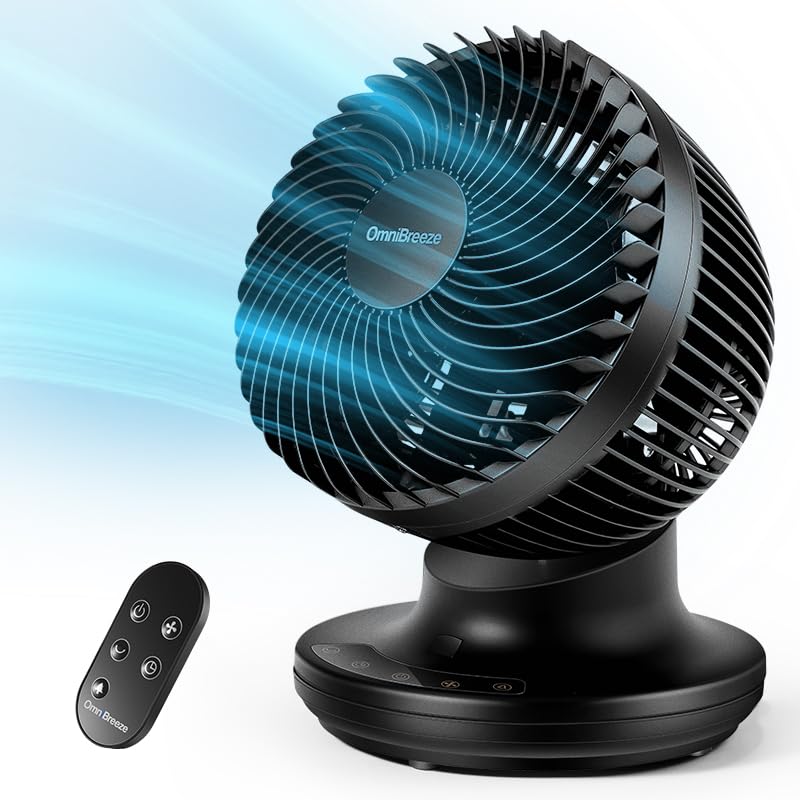 OmniBreeze 6 Inch Black Table Fan for Bedroom, Desk Air Circulator Fan with Remote, 85° Vertical+60° Automatic Oscillating Fan, 5 Speeds, 7H Timer