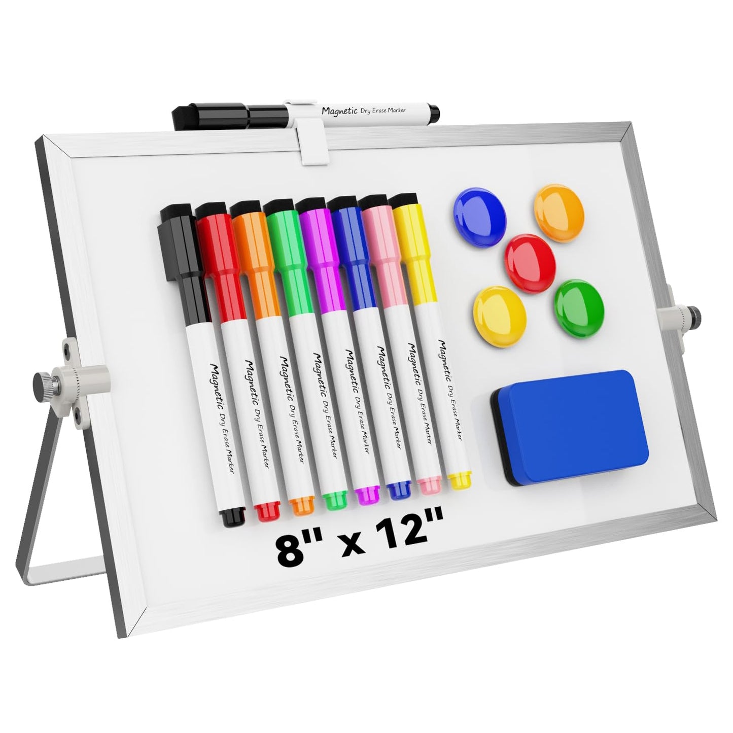 Dry Erase White Board, Cazeyoo Magnetic Desktop Whiteboard 8 x 12inch with Stand, 8 Markers, 4 Magnets and 1 Eraser, Portable Double-Sided White Board