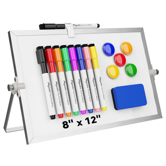 Dry Erase White Board, Cazeyoo Magnetic Desktop Whiteboard 8 x 12inch with Stand, 8 Markers, 4 Magnets and 1 Eraser, Portable Double-Sided White Board