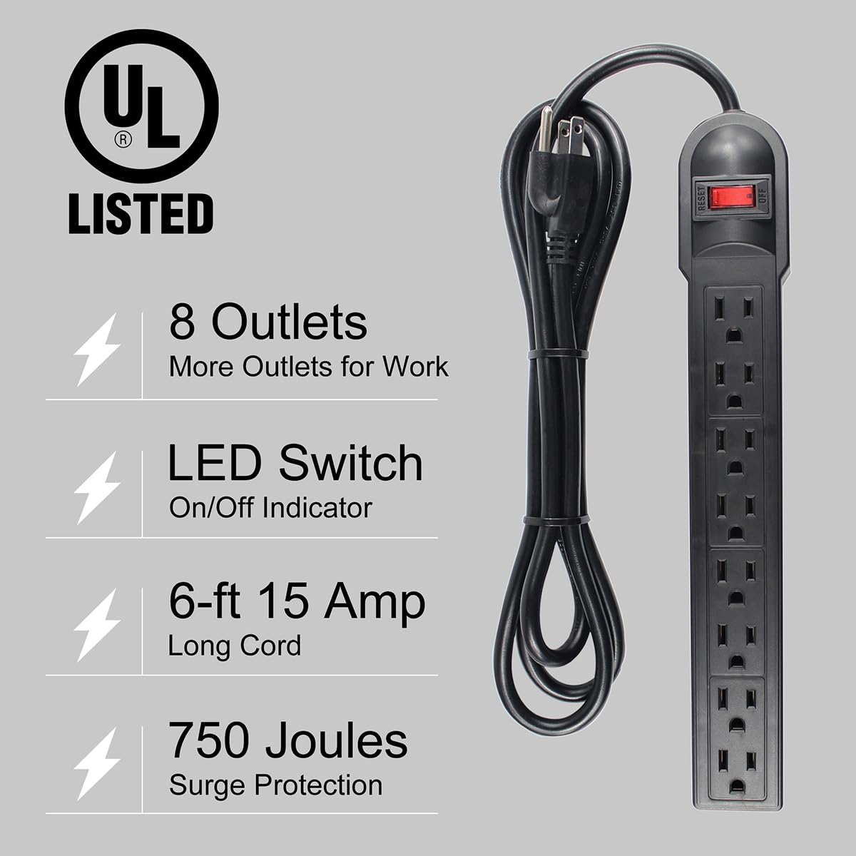 J.VOLT 8 Port Power Strip Surge Protector, 6 Feet Cord with Lit Switch, for Home Office School Shop Garage, Wall Mountable,750J 15A 125V 1875W, 14AWG