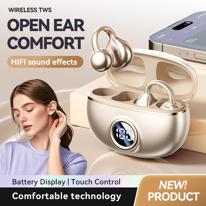 Clip-On Open-Ear Wireless Bluetooth 5.4 Earbuds & Bone Conduction Headphones - Noise Cancelling Mic, Waterproof, Ergonomic Design for Small Ears…