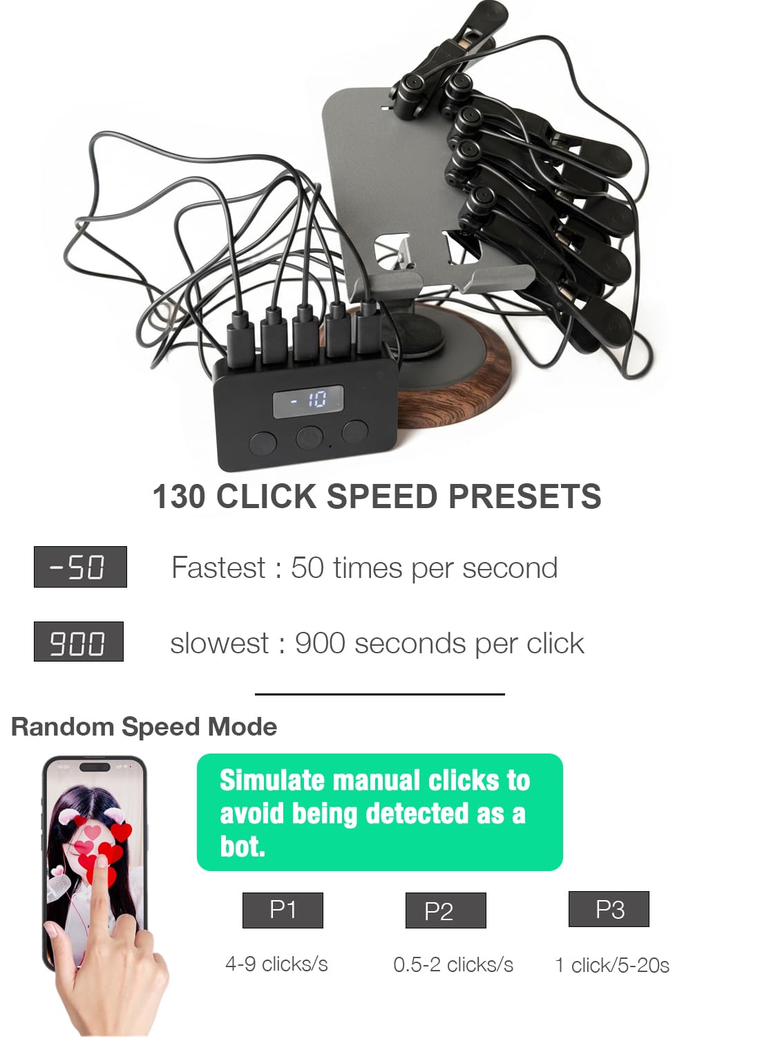 X1 Smartphone Auto Clicker: 130 Adjustable Speeds | Built-in Battery | Expandable to 5 Click Heads | Random Speed Mode | Completely Silent |