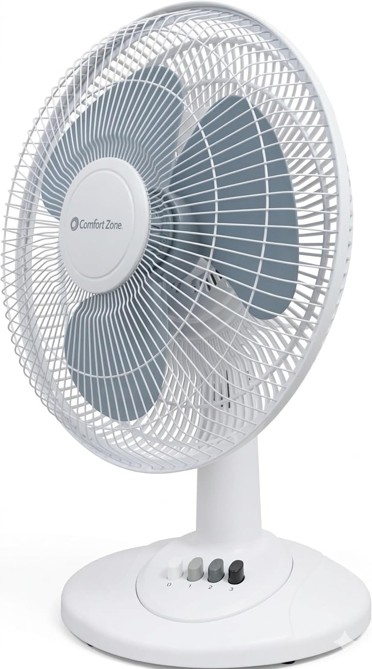 Comfort Zone Oscillating Table Fan with Adjustable Tilt, Convenient Push Button Controls, Quiet, 16 inch, 3 Speed, Desk Fan, Airflow 15.75 ft/sec