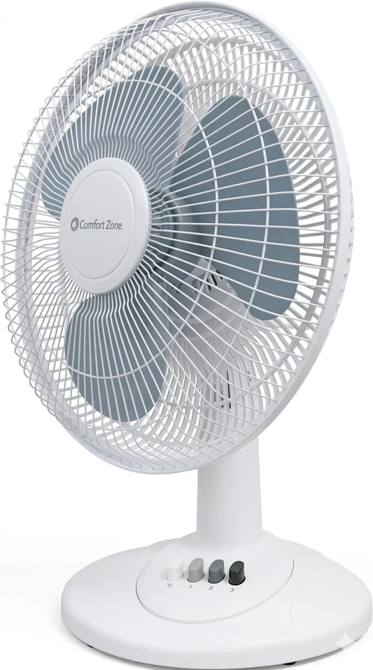 Comfort Zone Oscillating Table Fan with Adjustable Tilt, Convenient Push Button Controls, Quiet, 16 inch, 3 Speed, Desk Fan, Airflow 15.75 ft/sec