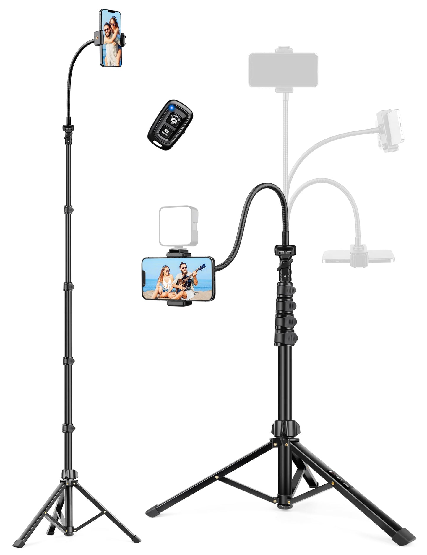 Phone Tripod Stand, 85" Tall Cellphone Tripod for iPhone with Gooseneck Remote, Flexible Portable Phone Stand for Recording, Compatible with iPhone 14