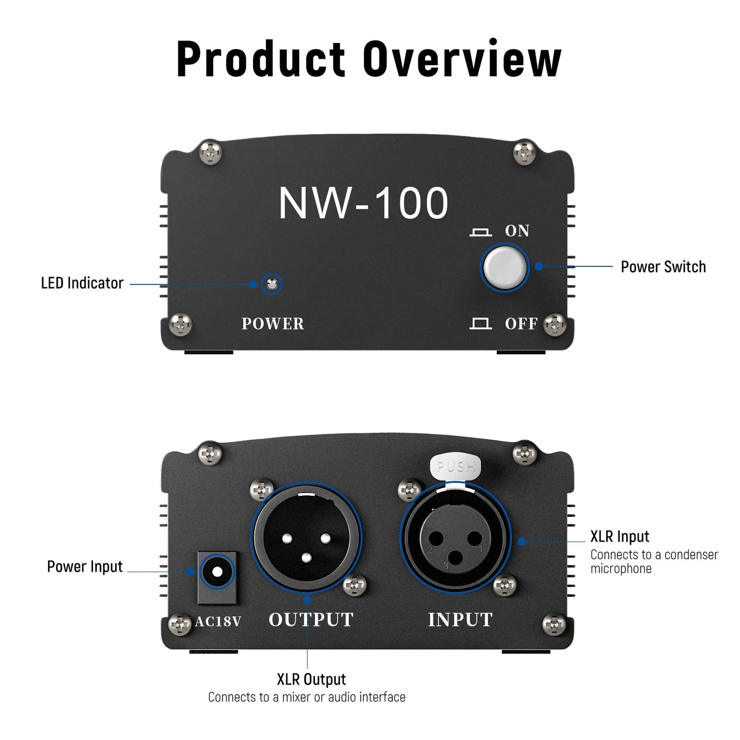 Neewer 1-Channel 48V Phantom Power Supply with Adapter, BONUS+XLR 3 Pin Microphone Cable for Any Condenser Microphone Music Recording Equipment (8