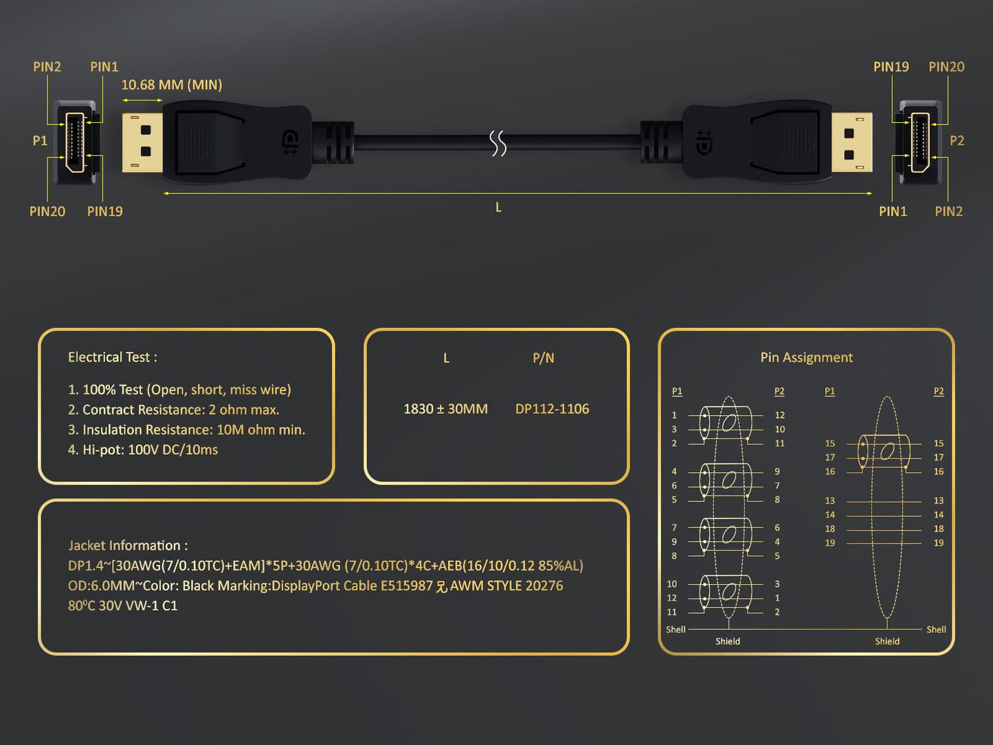 Cable Leader Gold Plated Premium 6ft DisplayPort Cable with Latches, Supports Resolutions up to 32.4Gbps High-Speed, 8K@60Hz, 4K@120Hz, Dynamic HDR