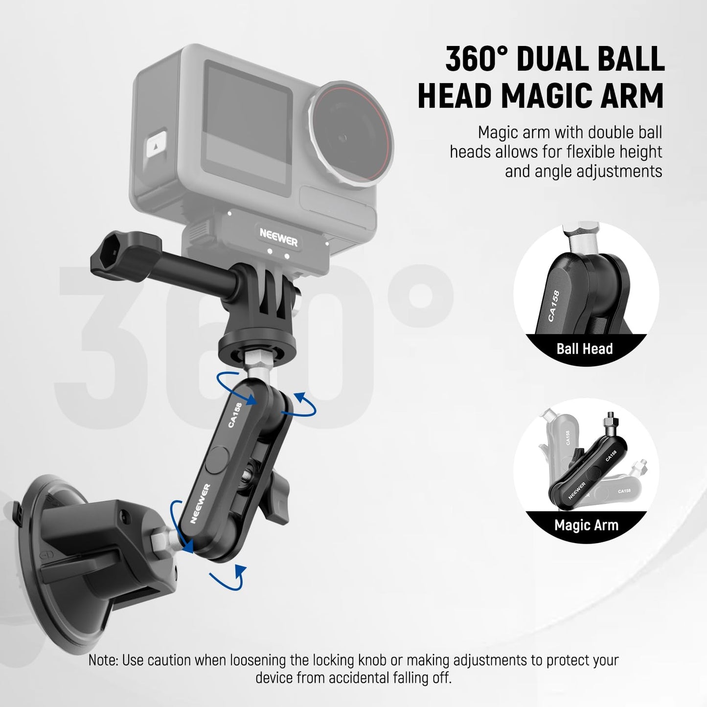 NEEWER Suction Cup Phone Holder & Camera Mount Compatible With GoPro DJI Insta360 iPhone, Car Phone Mount with Action Camera Adapter 360° Magic Arm