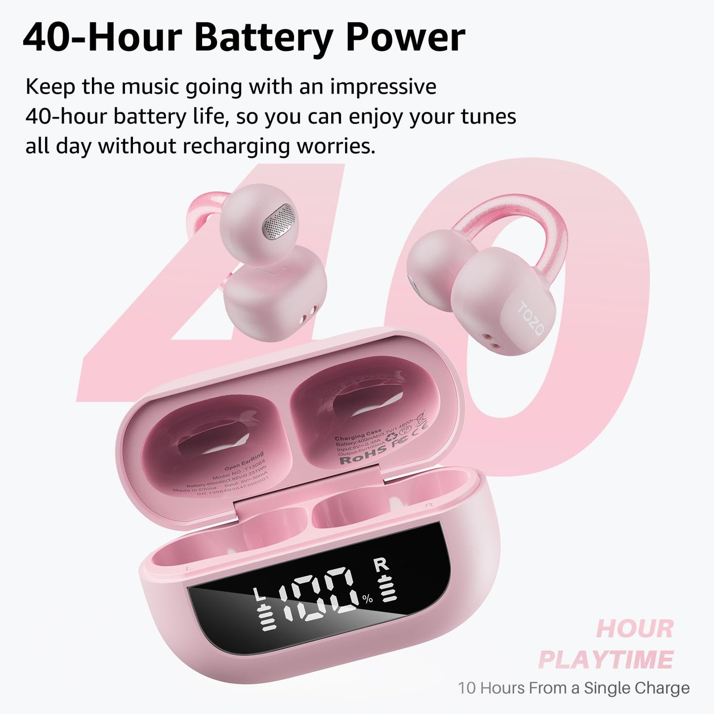 TOZO OpenEarRing Open Ear Earbuds 40H Bluetooth 5.4 Lightweight Comfort