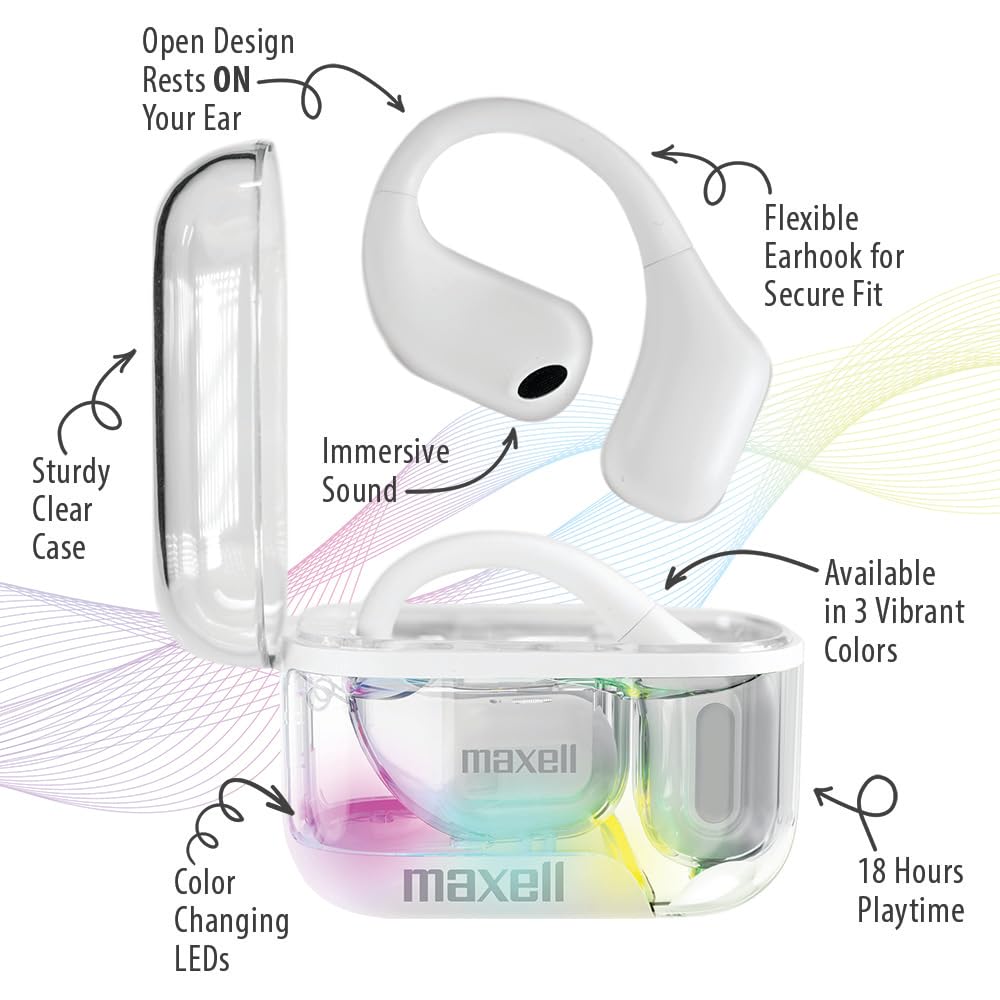 Maxell OWS Pro, Bluetooth Open Earhooks, UP to 18 Hours Playtime with Case, Hear The World Around You, Immersive Sound, Vibrant Colors