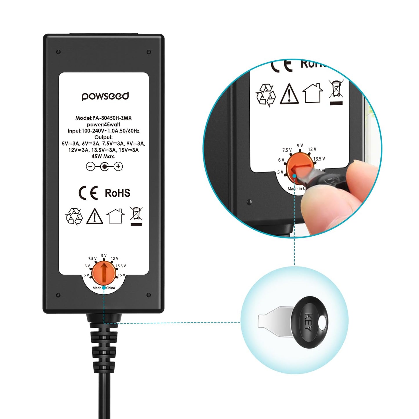 POWSEED Universal AC Adapter 45W 5V 6V 7.5V 9V 12V 13.5V 15V DC Power Supply 1A 2A 3A for Household Electronics Routers CCTV IP Cameras Speaker LED…