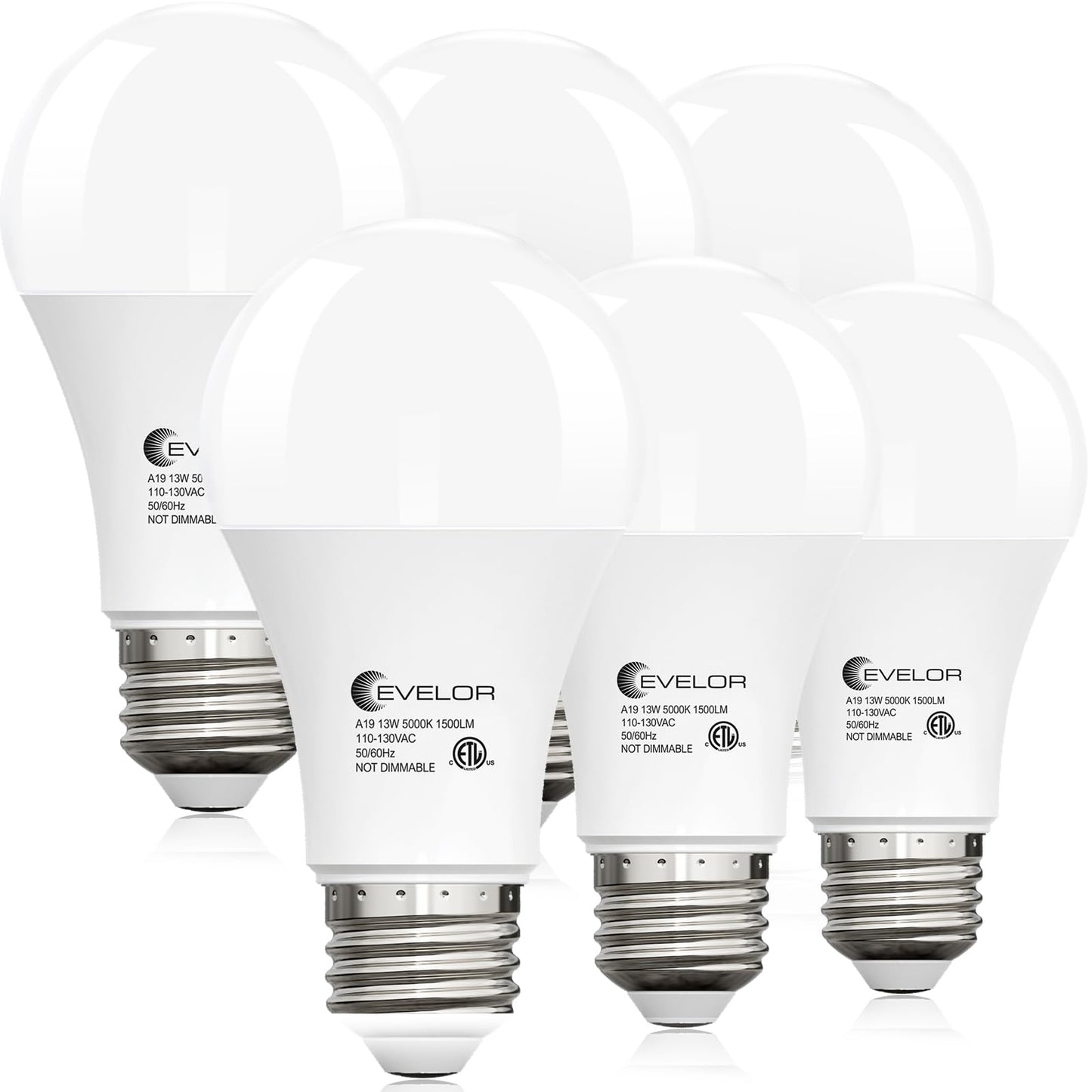 evelor 6-Packs A19 LED Light Bulbs,100 Watt Equivalent Daylight 5000K Bright Bulbs Efficient 13W,1500 Lumens E26 Base, Non-Dimmable, 15000-Hour