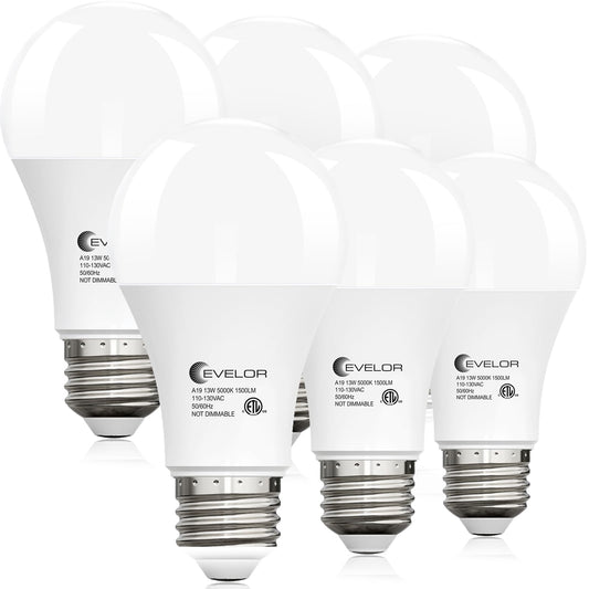 evelor 6-Packs A19 LED Light Bulbs,100 Watt Equivalent Daylight 5000K Bright Bulbs Efficient 13W,1500 Lumens E26 Base, Non-Dimmable, 15000-Hour