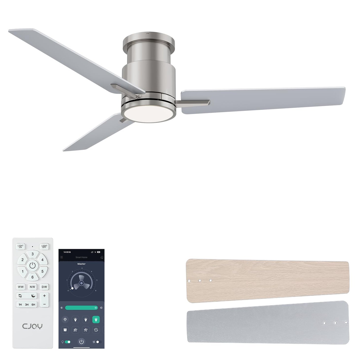 CJOY 48 Inch Brushed Nicke Ceiling Fan with Light, Remote, Reversible DC