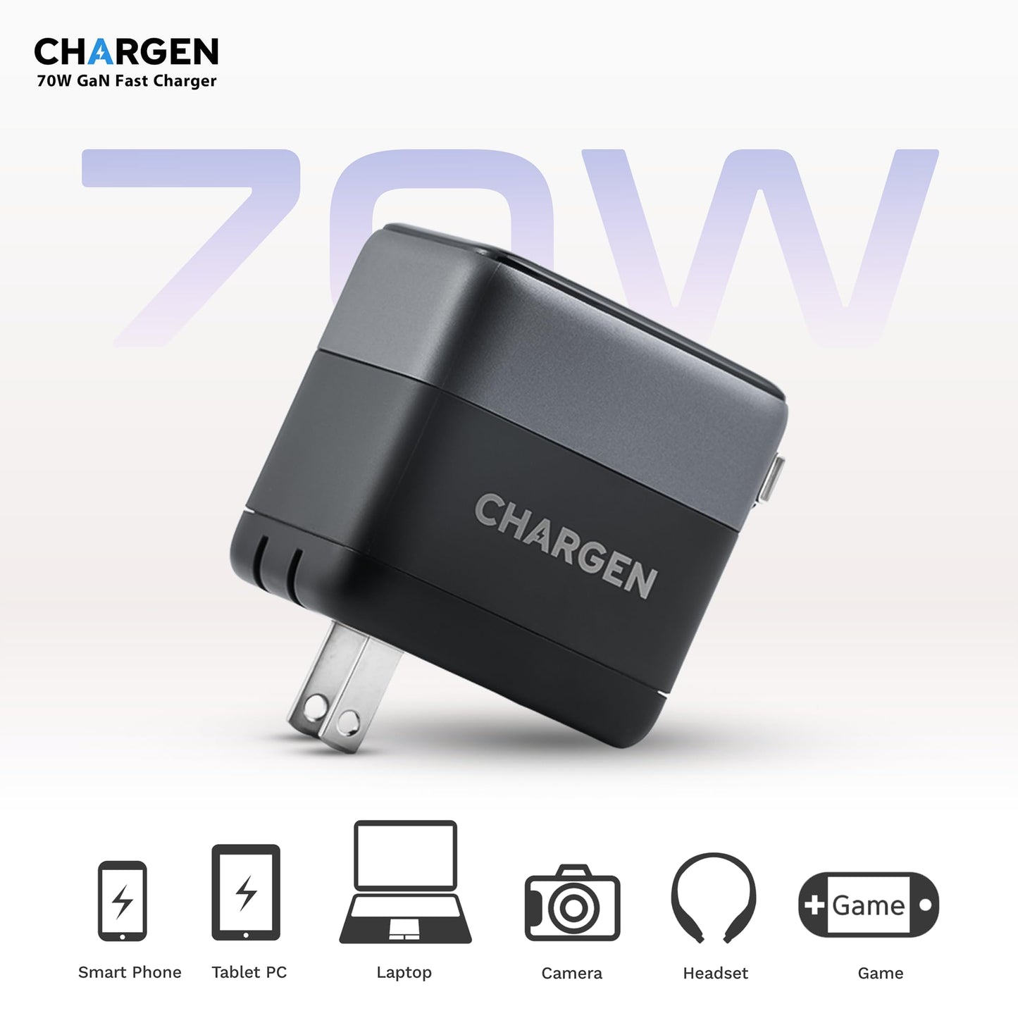 CHARGEN 70W GaN Fast Charger with Retractable Cable, 3-Port USB-C and USB-A Wall Charger, Compact Black Design, Model PD-138