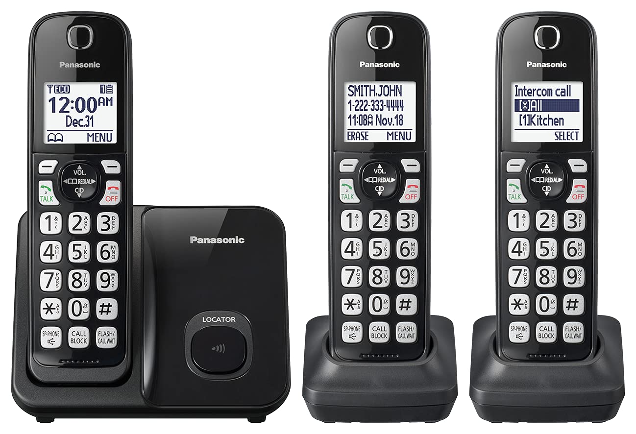 Panasonic Cordless Phone System, Expandable Home Phone with Call Blocking, Bilingual Caller ID and High-Contrast Display, 3 Handset - KX-TGD613B