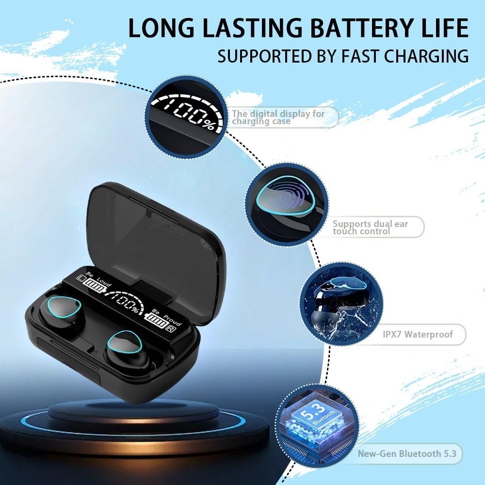 MWRPCRDN Wireless Earbuds, Bluetooth 5.3 Ear Buds LED Power Display Headphones 30H Playtime Stereo Earbuds with Comfort Lightweight in Ear Earphones