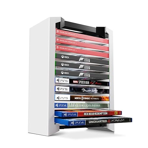 TNP Universal Video Game Storage Tower for PS5, PS4, PS3, Nintendo Switch, Xbox One, Xbox Series S/X - White Video Game Holder Organizer Stand with 12