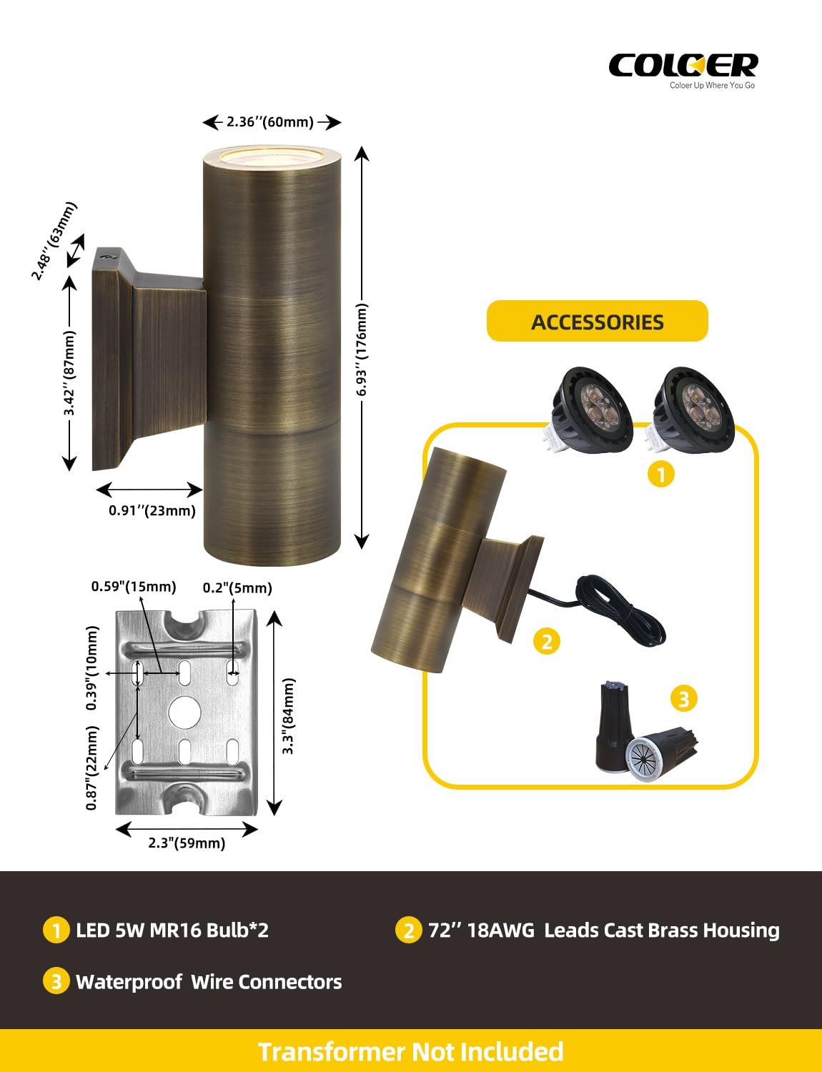 COLOER Brass Outdoor Cylinder Wall Lights(Bronze 6.875" H x 4.25" W) with 5W LED MR16, 12V Low Voltage Porch Light in 2 Lights, 2700K Up Down Lights