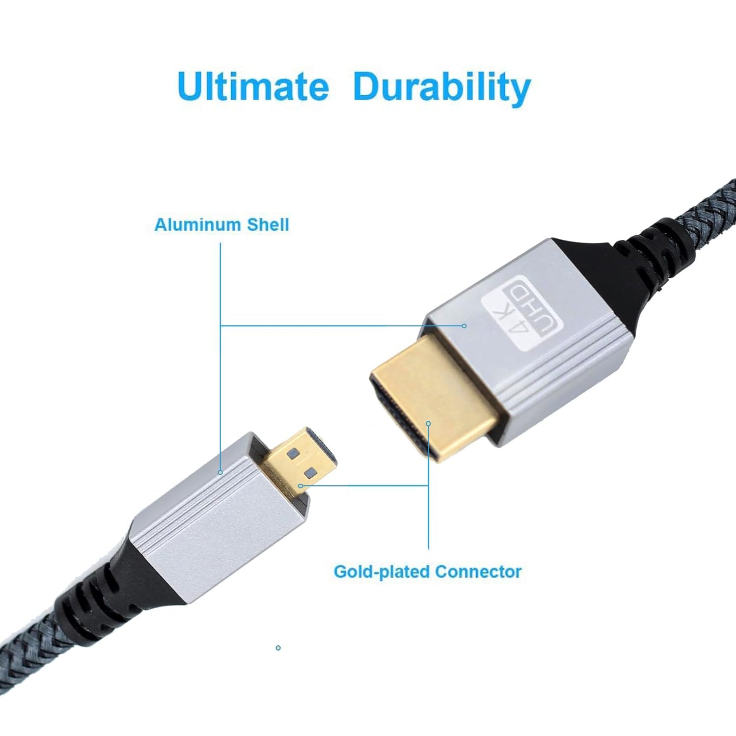 Seadream 4K Micro HDMI to HDMI Cable;Micro HDMI to Standard HDMI Cord Braided Support 4k 60Hz HDR 3D ARC 18Gbps HDMI 2.0 Cable,Aluminum