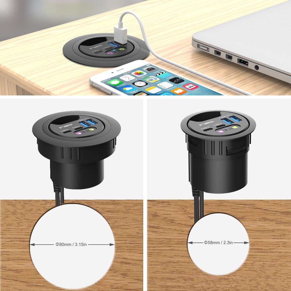 ineo Grommet Desk-Fit (Diameter 2.3" to 2.4") 2Type A + 2Type C with 3.5mm Audio Mic Jack + 3.2" Expandable case (Power is not Included)[THC06 - VI