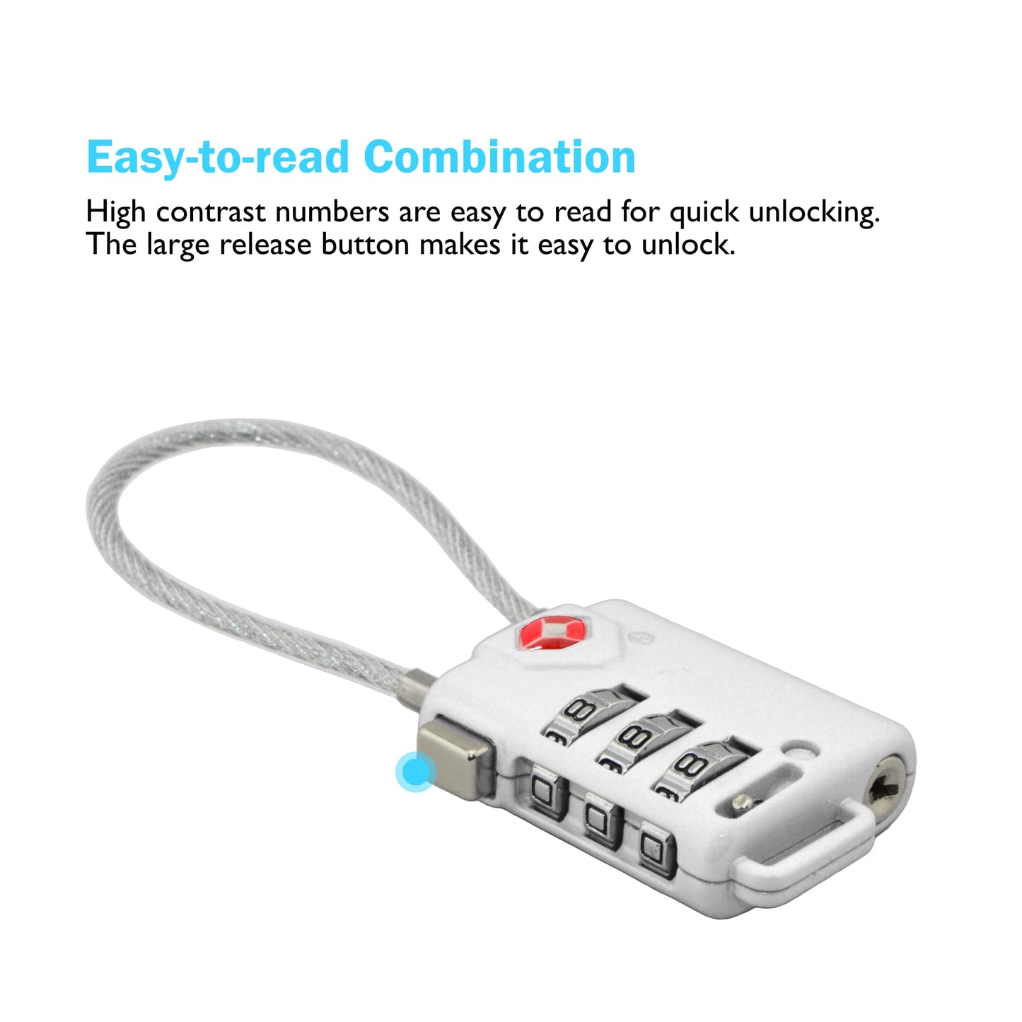 Lumintrail TSA Approved Luggage Lock – 3-Digit Personalized Combination with 4-FT Braided Steel Cable, Metal Travel Suitcase Lock (Silver, 1 Pack)