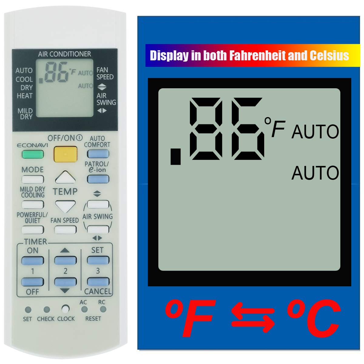 Replacement for Panasonic Air Conditioner Remote Control CS-E12RKUAW CS-E9RKUAW CS-ME5RKUA CS-ME7RKU CS-ME7RKUA CS-E12RKUA CS-E9RKUA