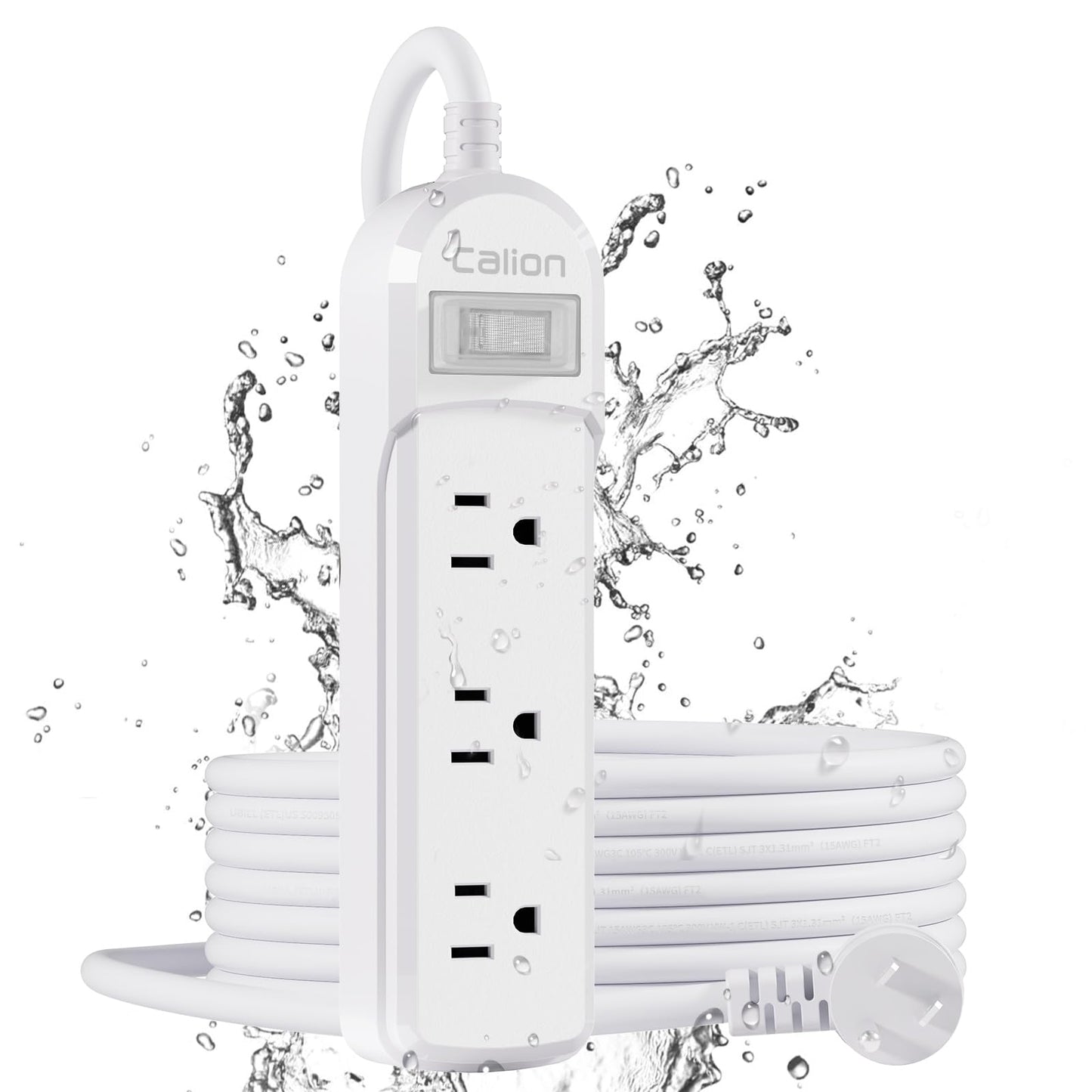 CALIONLTD Outdoor Power Strip Waterproof IPX6 Surge Protector with 10 FT Extension Cord 3 Widely Outlets Overload Protection Shockproof Flat Plug Wall
