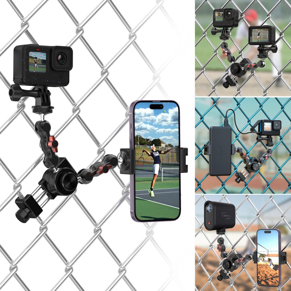 SUREWO Aluminum Fence Mount for Go pro,iPhone, Phone, DJI Osmo Action 4/3/2, Insta360,Mevo Start for Baseball Softball Tennis Recording, Cameras Net