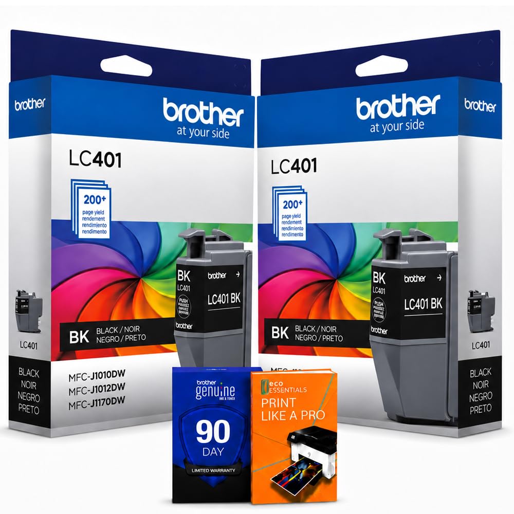 Brother Genuine LC401 Black 2-Pack Standard Yield Ink Cartridge for MFC-J1010DW, MFC-J1170DW, Bundle with Deco Essentials Printer eBook