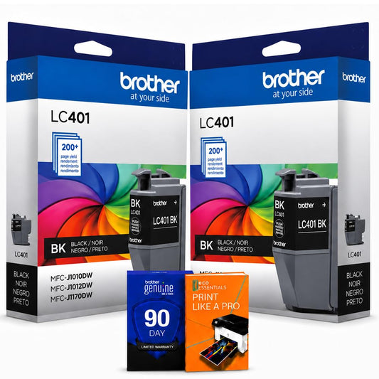 Brother Genuine LC401 Black 2-Pack Standard Yield Ink Cartridge for MFC-J1010DW, MFC-J1170DW, Bundle with Deco Essentials Printer eBook