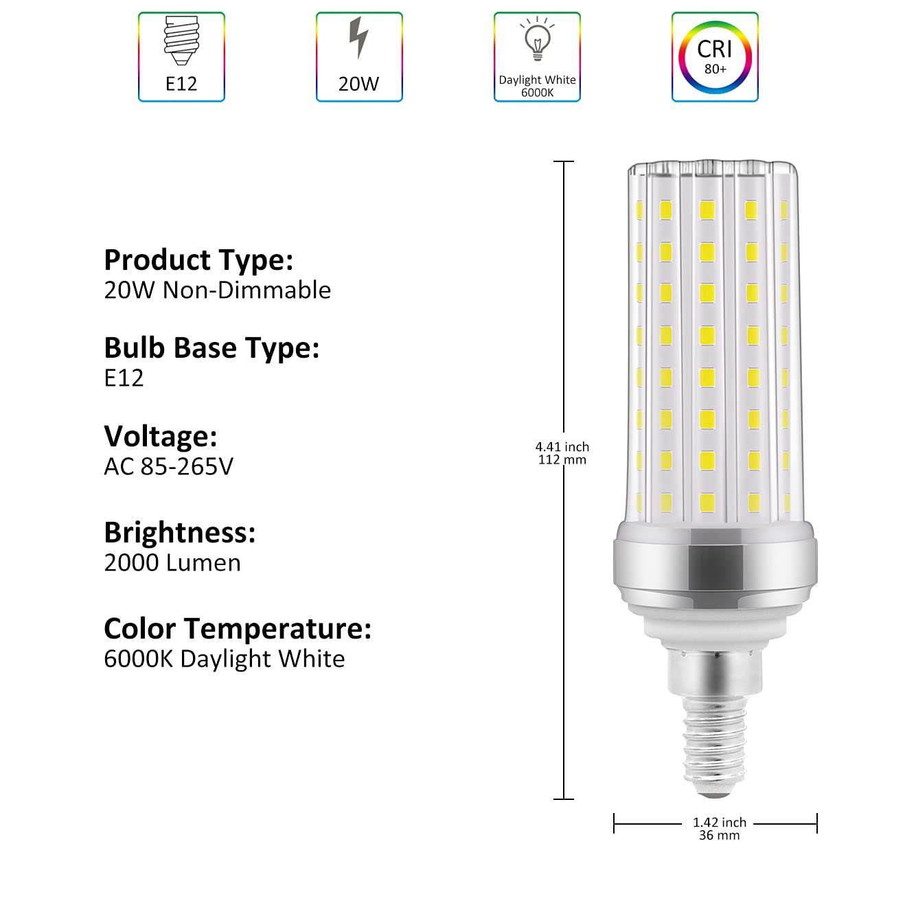 stvono 6 Pack E12 LED Bulb 20W, 150W Equivalent Candelabra Light Bulbs, 6000K Daylight, 2000LM, Non-Dimmable, Ceiling Fan Light Bulbs, Chandelier