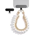 Phone Wrist Strap,Hands-Free Pearl Phone Lanyard with Tether Tab,Classic Pearl Beaded Phone Charm with Gold Chain Stylish Cell Phone Lanyard