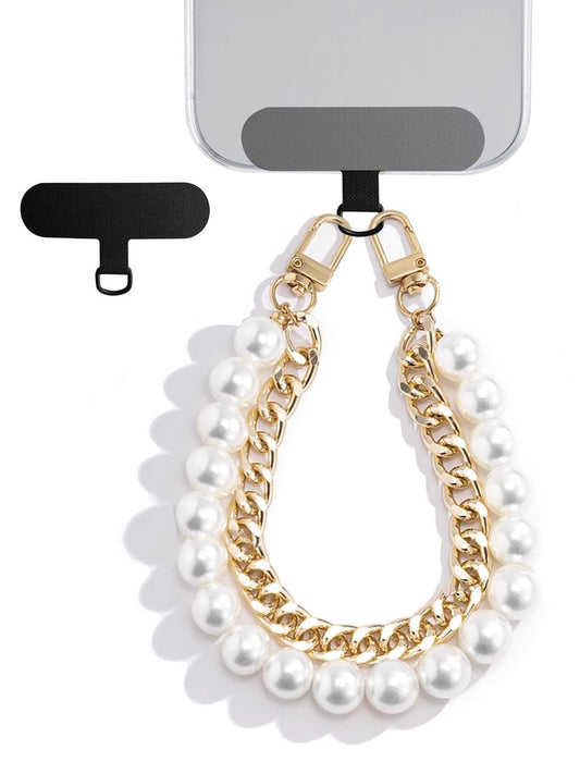 Phone Wrist Strap,Hands-Free Pearl Phone Lanyard with Tether Tab,Classic Pearl Beaded Phone Charm with Gold Chain Stylish Cell Phone Lanyard