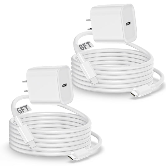 iPhone 17 16 15 Charger Fast Charging, 2Pack 20W Apple Type C Wall Charger Travel Block with 6FT Long USB C to USB C Fast Charging Cable Cord