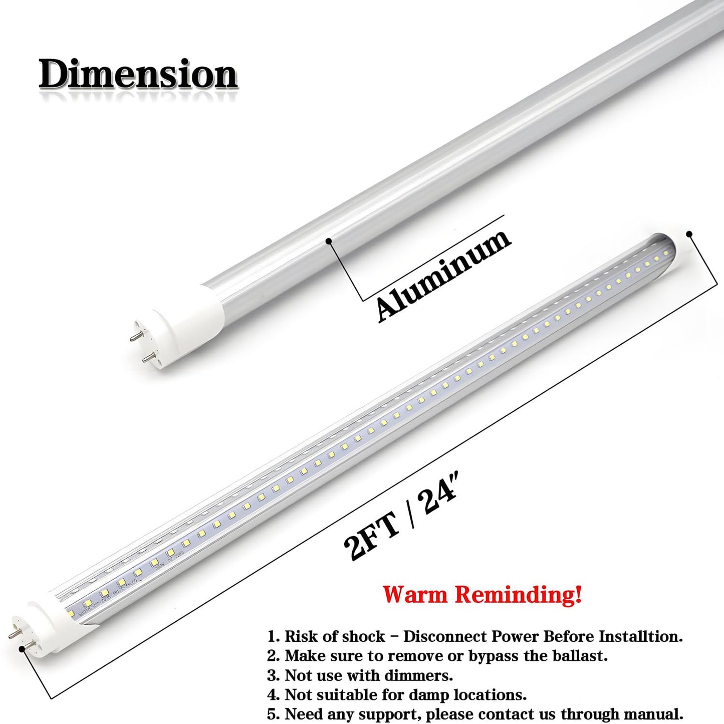 KALINA 2FT LED Tube Lights, 15W(30W Fluorescent Bulb Replacement) V Shaped, 6000K Cool White, Ballast Bypass, Clear Cover, 4-Pack