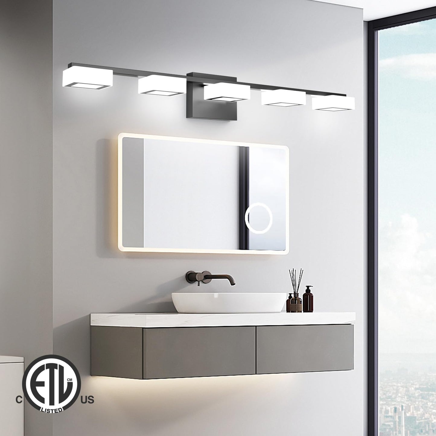 MYTH REALM LED Modern Bathroom Light Fixtures Over Mirror, 5-Light Dimmable Vanity Lights, Matte Black Acrylic Bathroom Vanity Light, 2700K-6500K