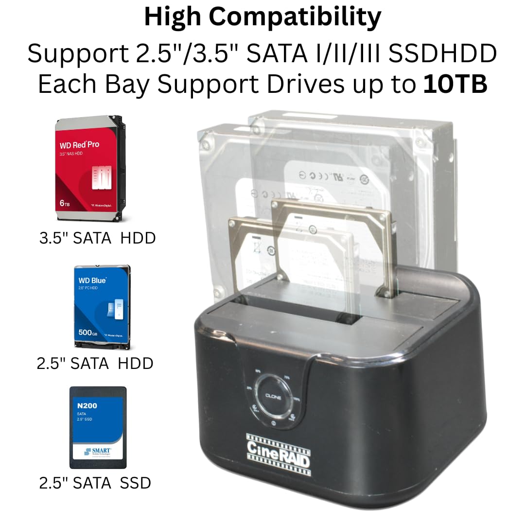 CineRAID CR-H236 (Dual Bay USB 3.2 Gen 1 Hard Drive Docking Station) UASP Support for 2.5"/3.5" SATA I/II/III HDD/SSD - One-Touch Clone, Up to 10TB