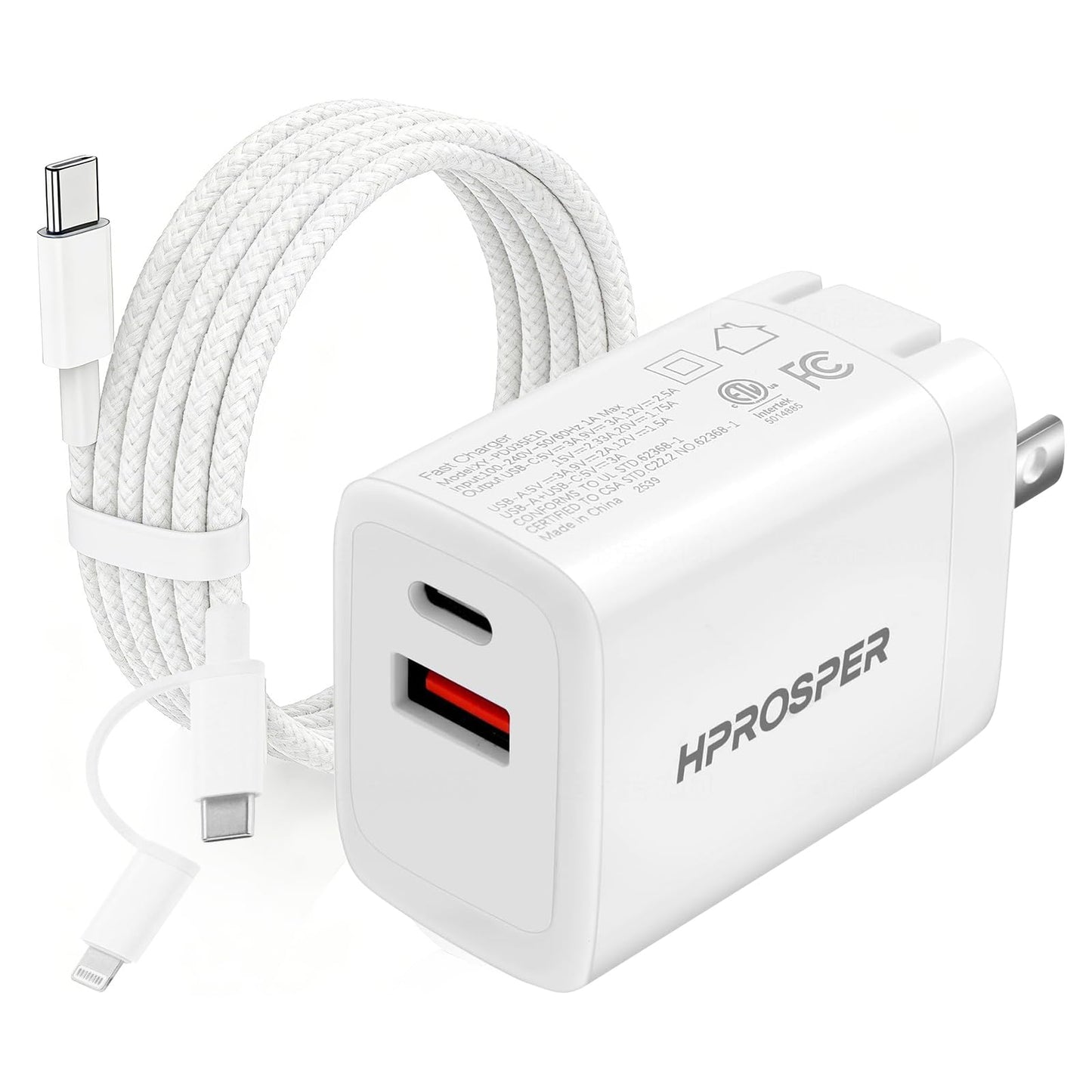[2-in-1 Cable] 35W Dual Port ipad Charger, PD USB-C & QC3.0 Wall Charger with 3ft Cable for iPhone 17/16/15 Pro Max/Plus, iPad, Samsung, AirPods - 7X