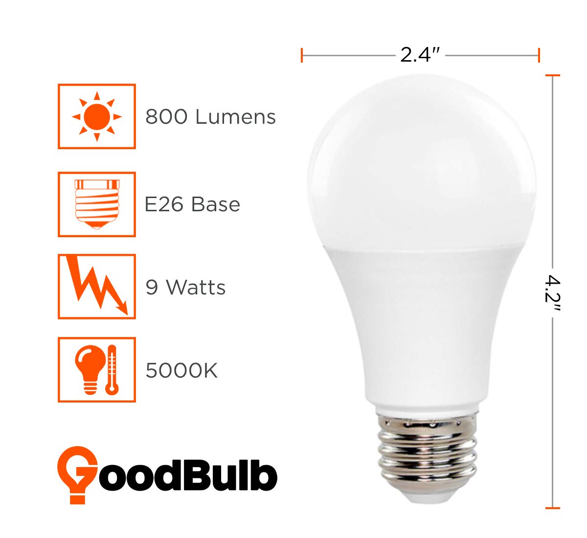 GoodBulb LED A19 Light Bulbs | 9 Watt (60 Watt Equivalent) | E26 Base | Daylight 5000K | EcoSmart Lights | High Output 825 Lumens | 6 Pack