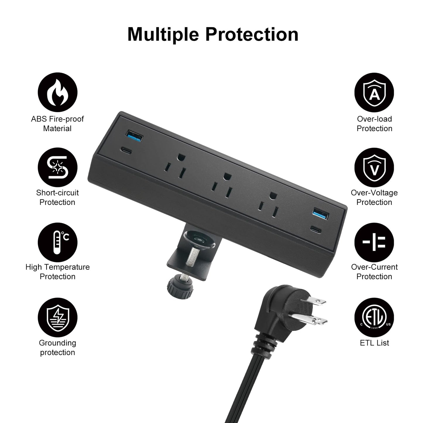 Fast Charge USB C Desk Clamp Power Strip 40W, Desktop Edge Mount 2 PD 20W USB-C Ports&2 QC 18W USB A Ports 3 Outlets Flat Plug for Home Office School