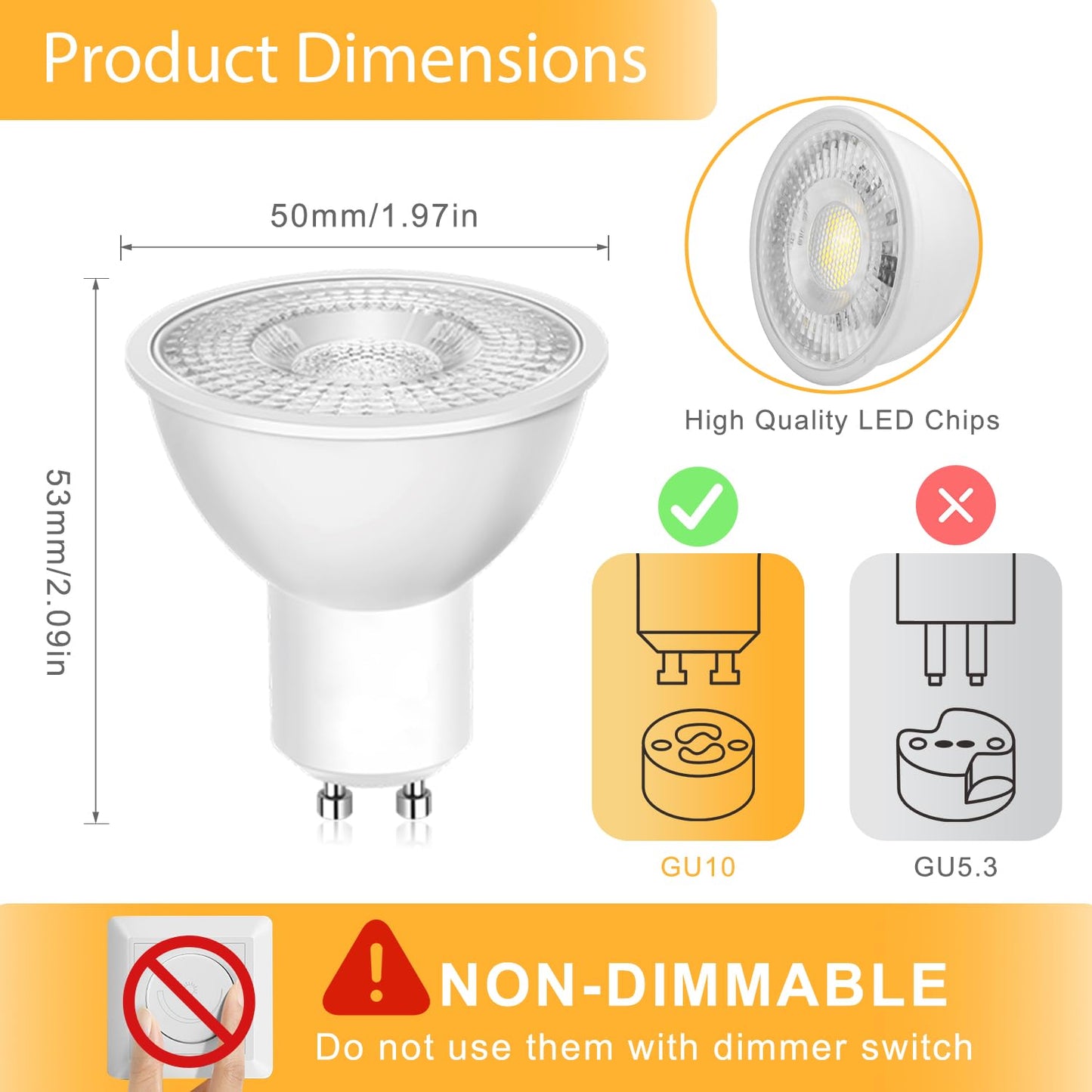 YUIIP GU10 LED Bulbs 6000K Daylight White 5W, 500LM Led Spotlight Bulb, Equivalent to 50W Halogen, Non-Dimmable, 38° Beam Angle,120V, GU10 Base Led