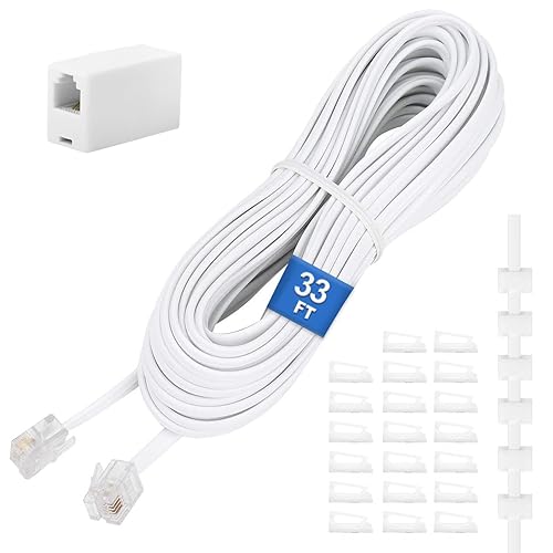 Uvital Phone Extension Cord 33Ft(10m), Telephone Cable with Standard RJ11 Plug and 1 in-Line Couplers and 20 Cable Clip Holders, White